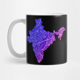 Colorful mandala art map of India with text in blue and violet Mug